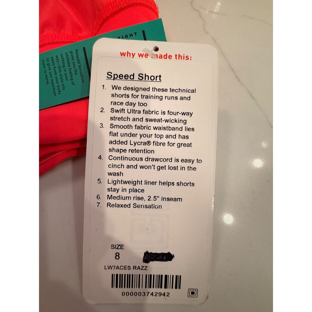 Lululemon Speed Short Pink Running Training Shorts LW7ACES RAZZ Size 8 NWT - Picture 8 of 8